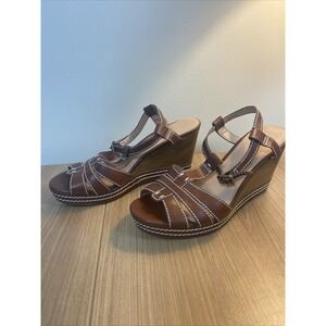 Etienne Aigner Valora Chocolate Brown Wedge Leather Sandal Size‎ 8M